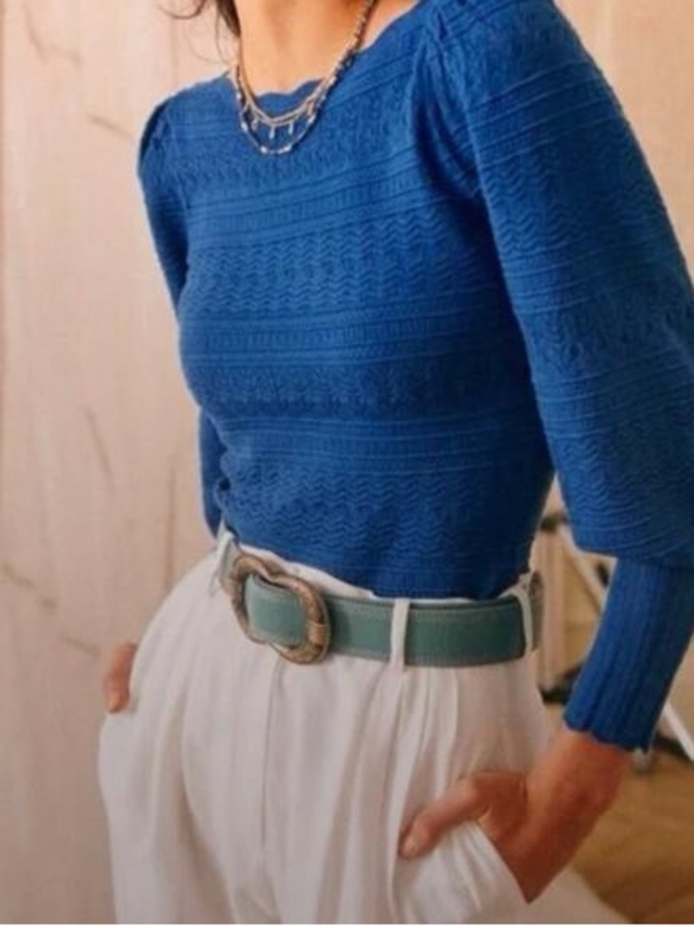 SEZANE Royal Blue Textured Knit Top with Bubble Sleeves